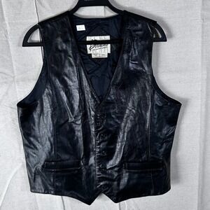 Berman's Black Leather Vest Mens Size 46 XL Vintage Button Front Style 1780